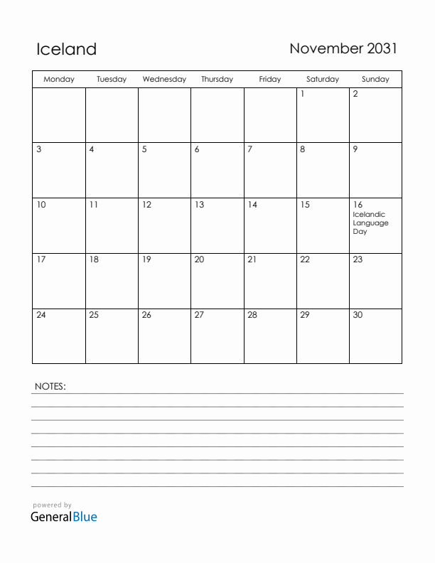 November 2031 Iceland Calendar with Holidays (Monday Start)