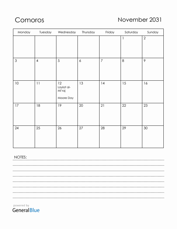 November 2031 Comoros Calendar with Holidays (Monday Start)