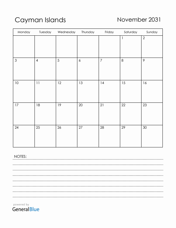 November 2031 Cayman Islands Calendar with Holidays (Monday Start)