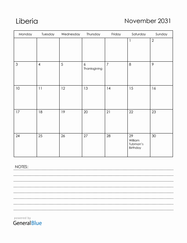 November 2031 Liberia Calendar with Holidays (Monday Start)