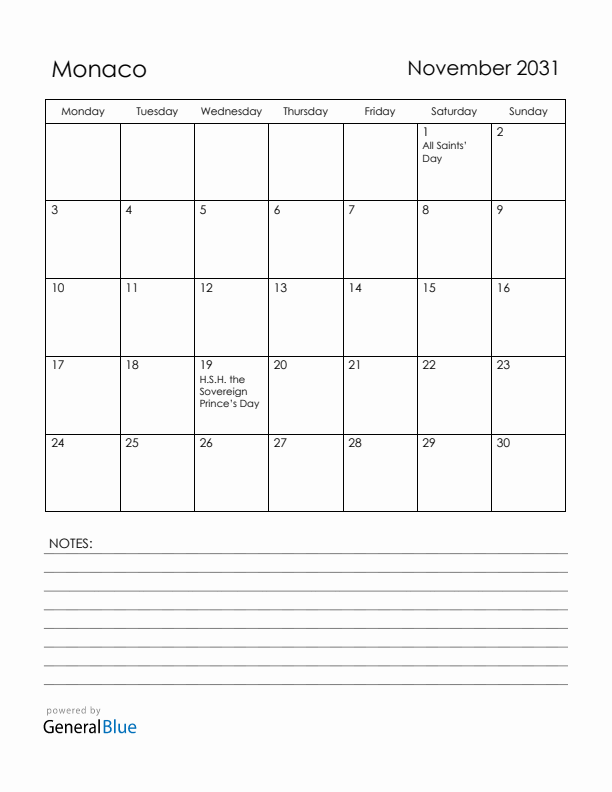 November 2031 Monaco Calendar with Holidays (Monday Start)