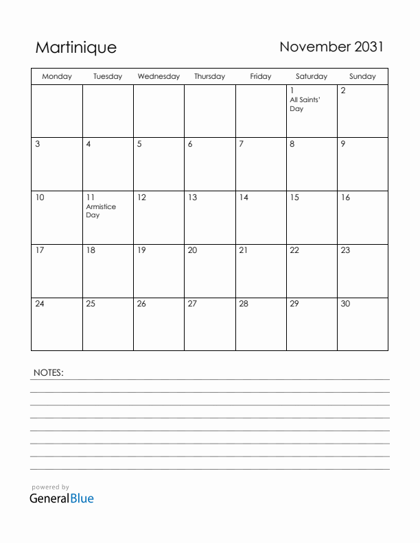 November 2031 Martinique Calendar with Holidays (Monday Start)