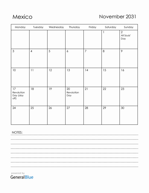 November 2031 Mexico Calendar with Holidays (Monday Start)