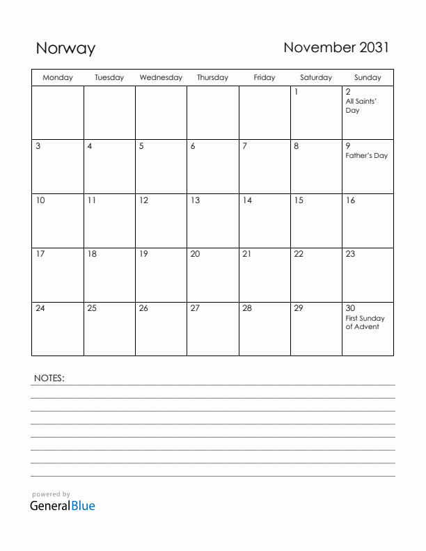November 2031 Norway Calendar with Holidays (Monday Start)