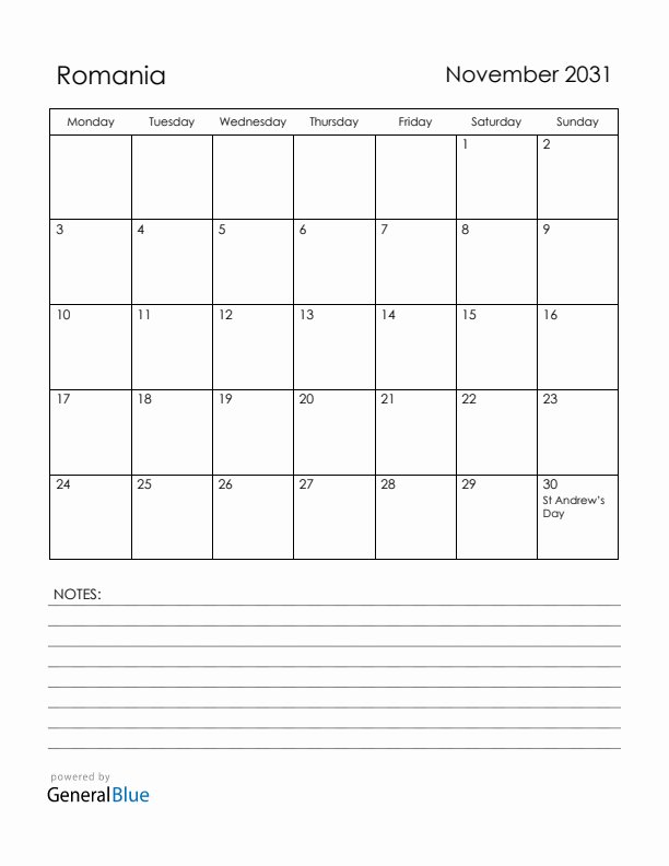 November 2031 Romania Calendar with Holidays (Monday Start)