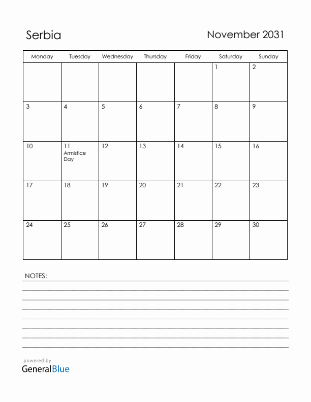 November 2031 Serbia Calendar with Holidays (Monday Start)