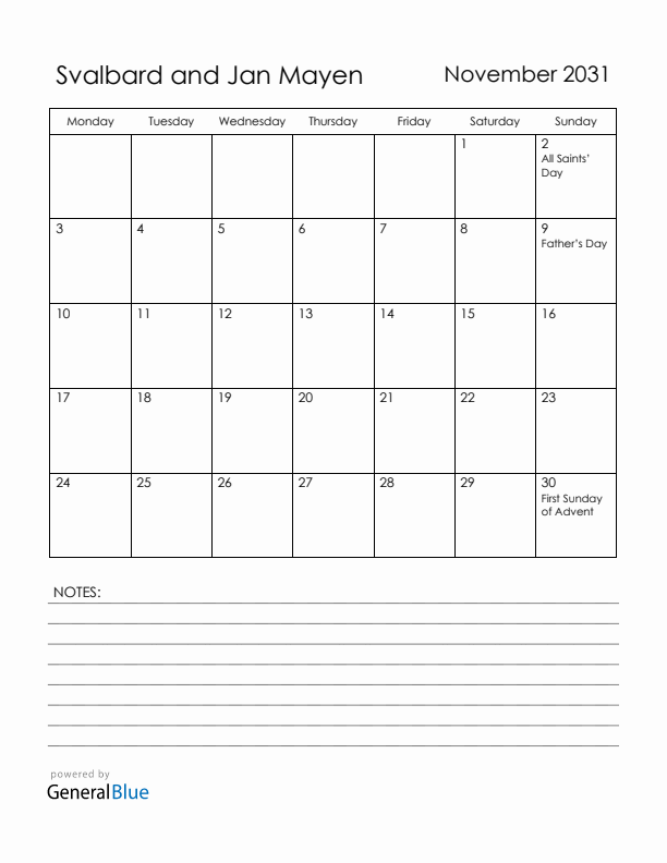 November 2031 Svalbard and Jan Mayen Calendar with Holidays (Monday Start)