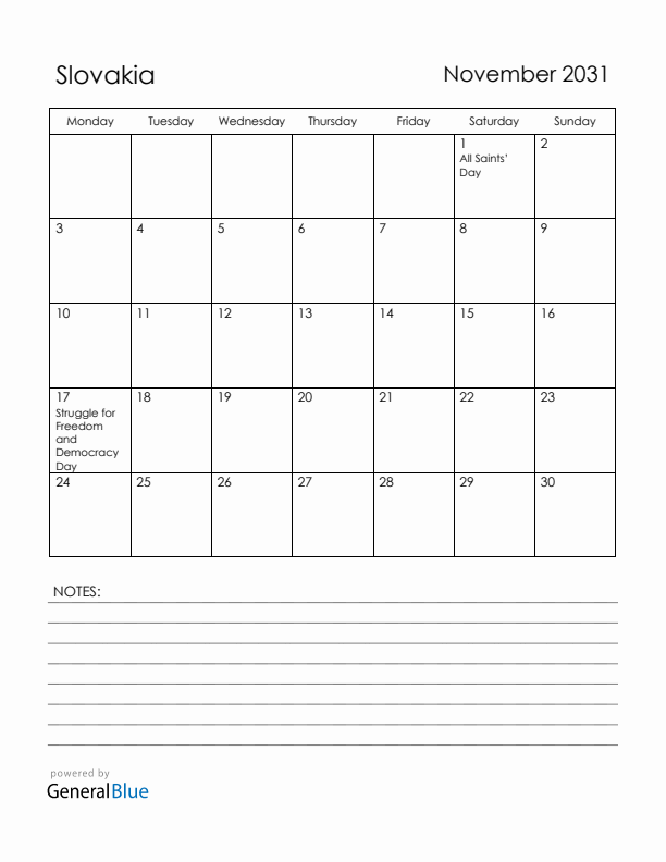 November 2031 Slovakia Calendar with Holidays (Monday Start)