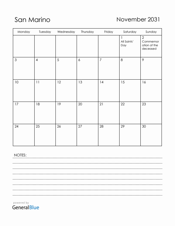November 2031 San Marino Calendar with Holidays (Monday Start)