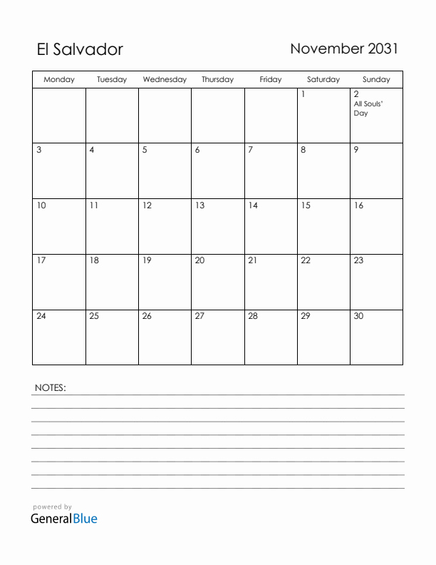 November 2031 El Salvador Calendar with Holidays (Monday Start)