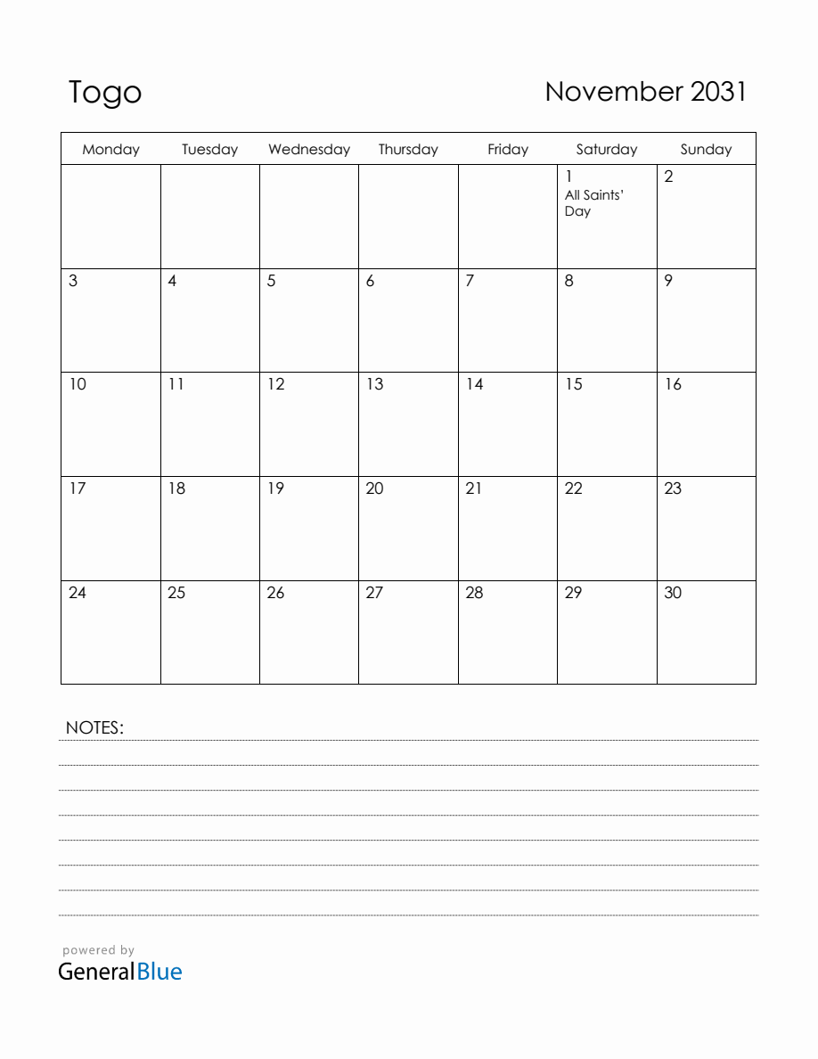 November 2031 Togo Calendar with Holidays (Monday Start)