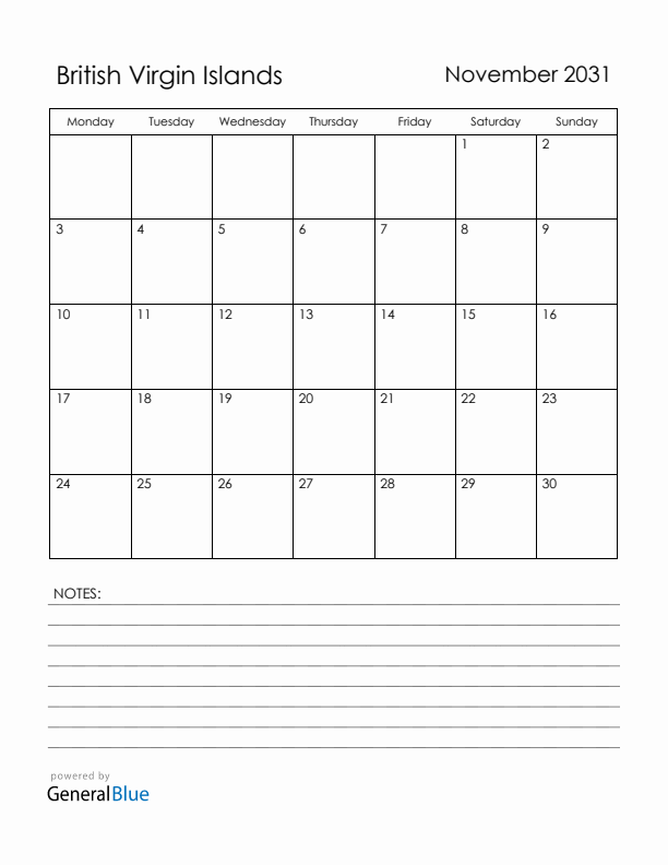 November 2031 British Virgin Islands Calendar with Holidays (Monday Start)
