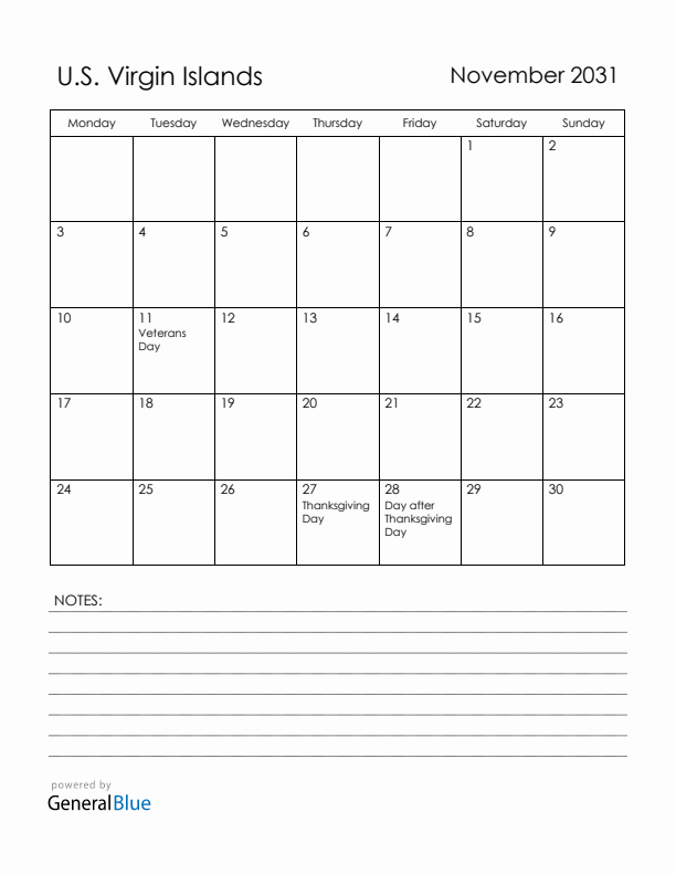 November 2031 U.S. Virgin Islands Calendar with Holidays (Monday Start)