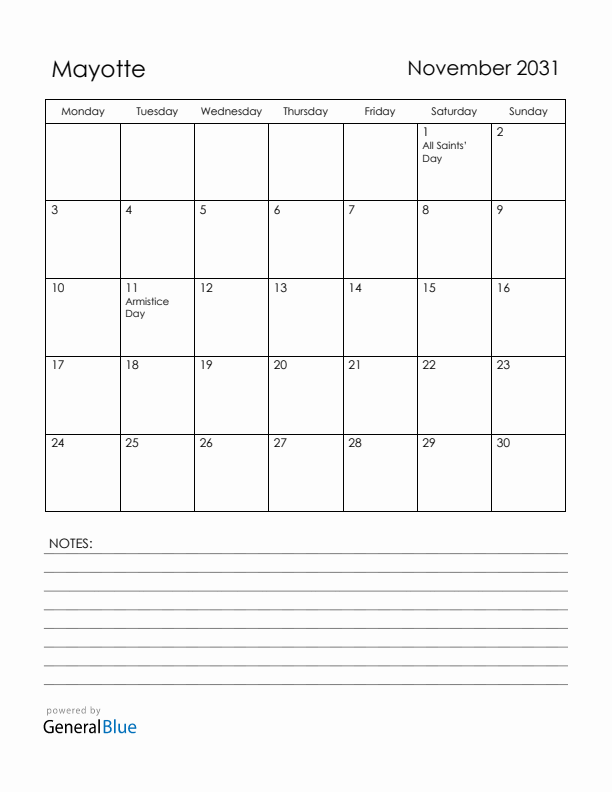 November 2031 Mayotte Calendar with Holidays (Monday Start)