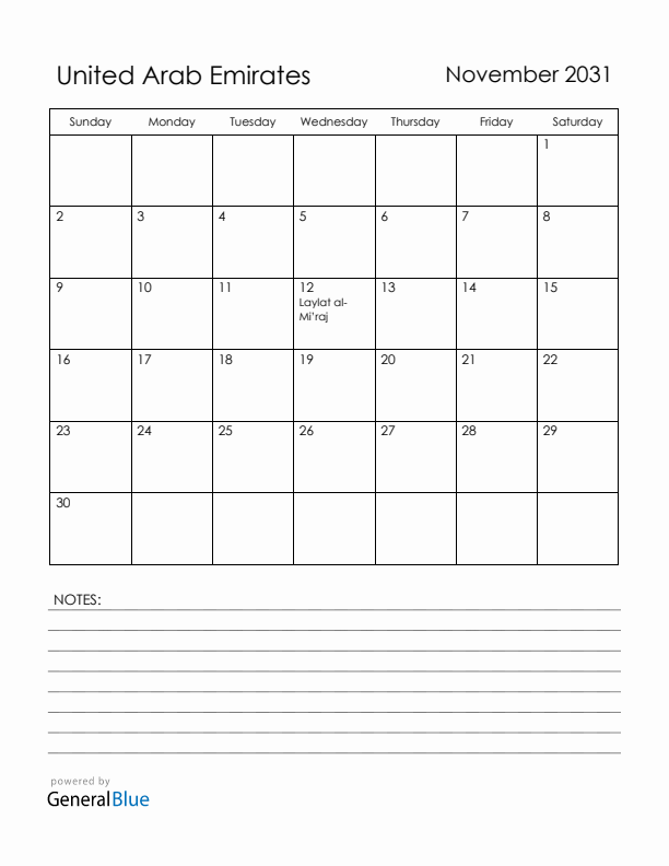 November 2031 United Arab Emirates Calendar with Holidays (Sunday Start)