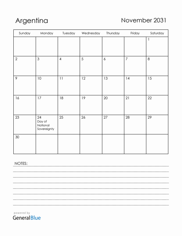 November 2031 Argentina Calendar with Holidays (Sunday Start)