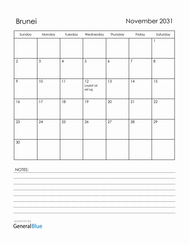 November 2031 Brunei Calendar with Holidays (Sunday Start)