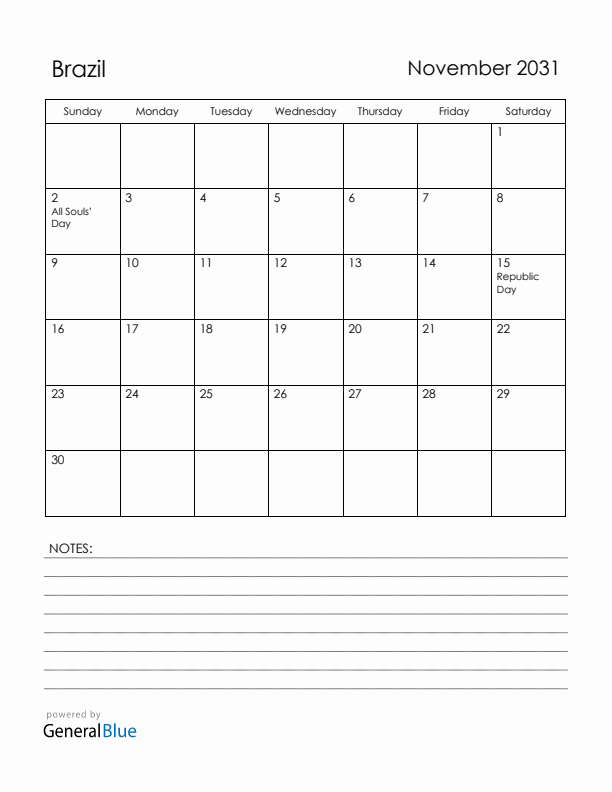 November 2031 Brazil Calendar with Holidays (Sunday Start)