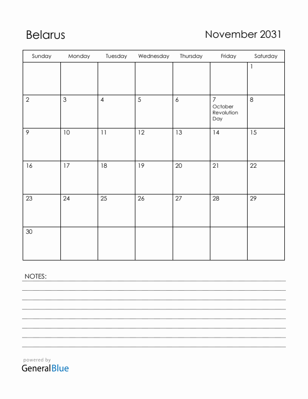 November 2031 Belarus Calendar with Holidays (Sunday Start)