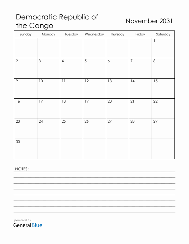 November 2031 Democratic Republic of the Congo Calendar with Holidays (Sunday Start)