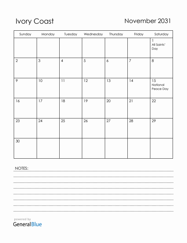 November 2031 Ivory Coast Calendar with Holidays (Sunday Start)