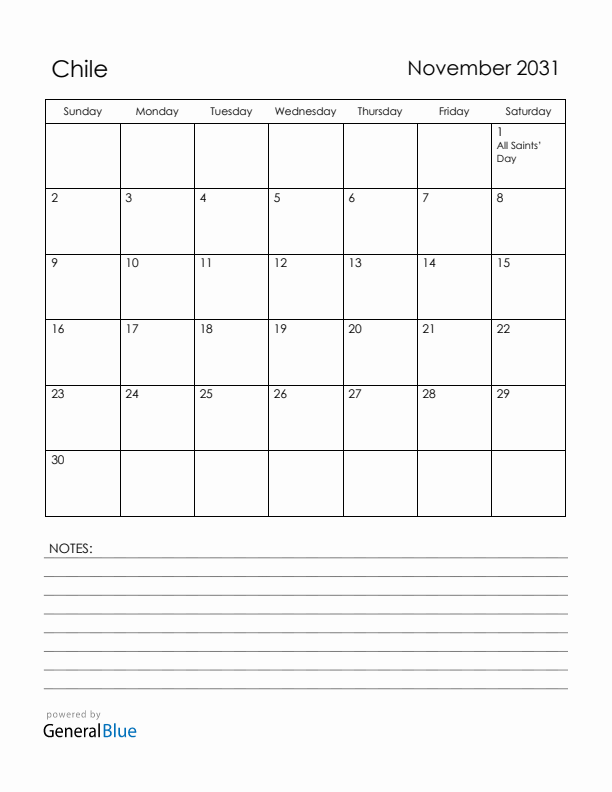 November 2031 Chile Calendar with Holidays (Sunday Start)