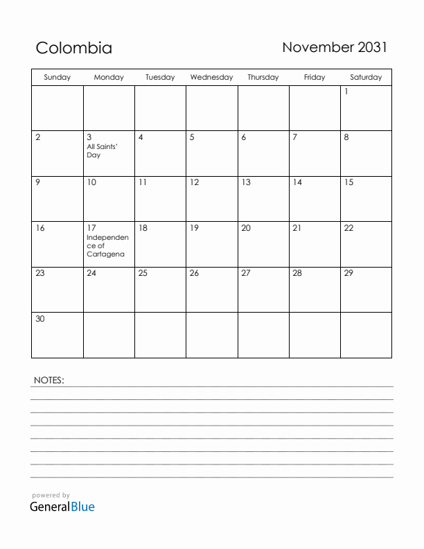November 2031 Colombia Calendar with Holidays (Sunday Start)