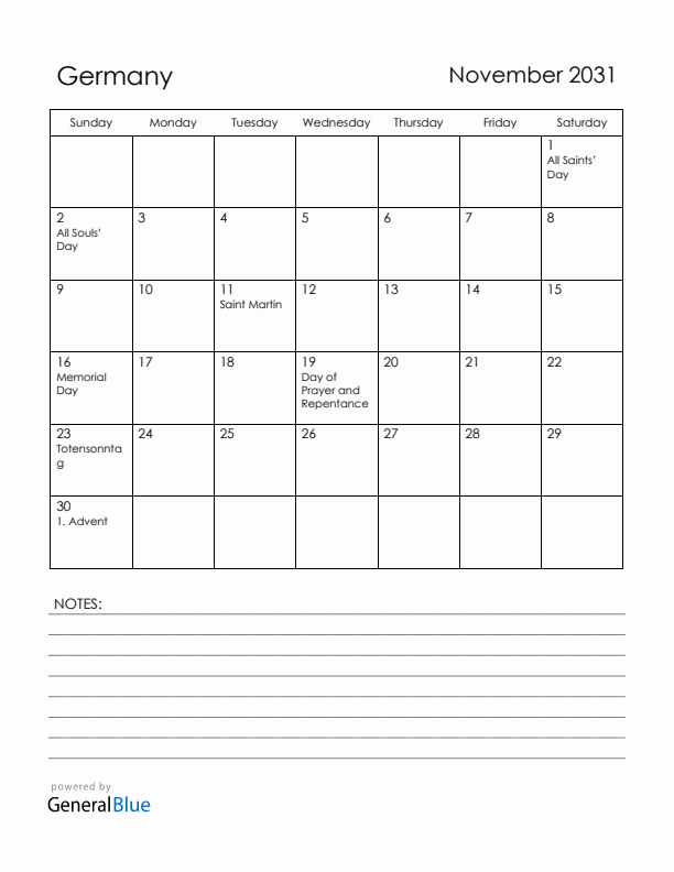November 2031 Germany Calendar with Holidays (Sunday Start)