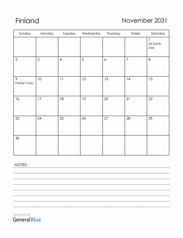 November 2031 Finland Calendar with Holidays (Sunday Start)