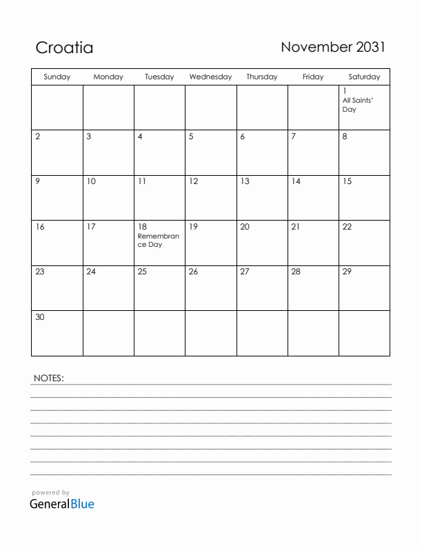 November 2031 Croatia Calendar with Holidays (Sunday Start)
