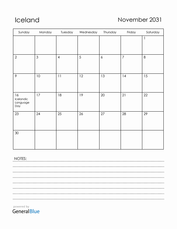 November 2031 Iceland Calendar with Holidays (Sunday Start)