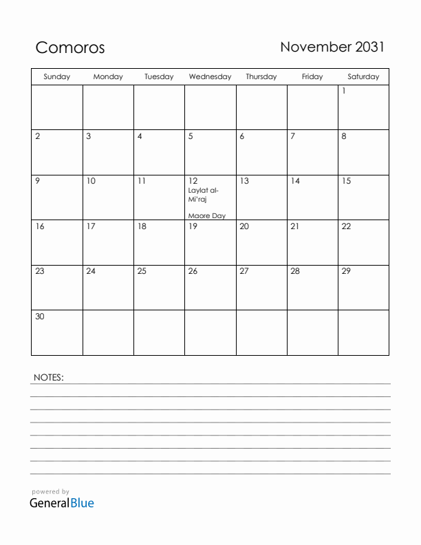November 2031 Comoros Calendar with Holidays (Sunday Start)