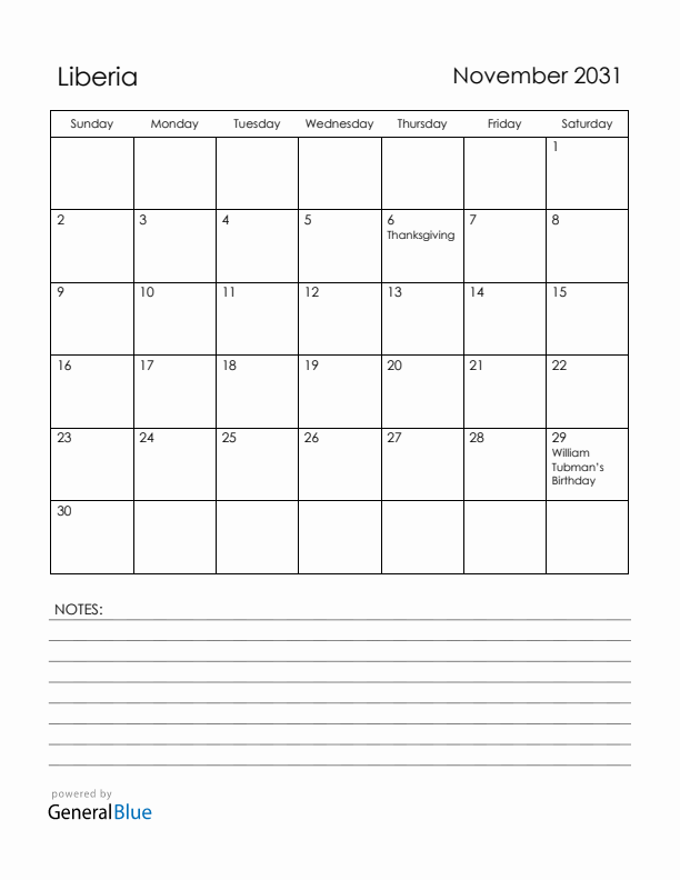 November 2031 Liberia Calendar with Holidays (Sunday Start)
