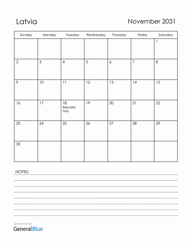 November 2031 Latvia Calendar with Holidays (Sunday Start)