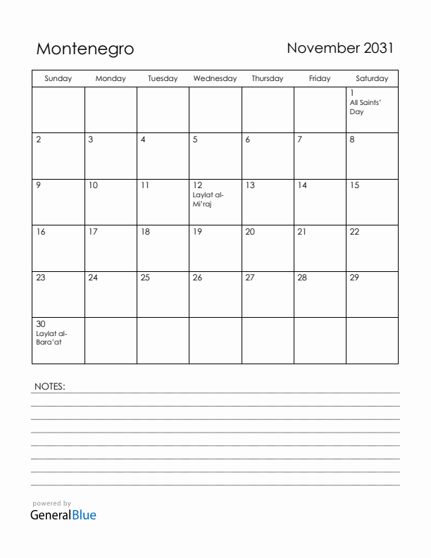 November 2031 Montenegro Calendar with Holidays (Sunday Start)