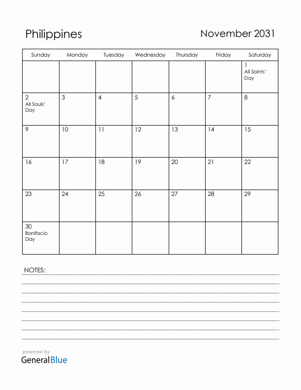 November 2031 Philippines Calendar with Holidays (Sunday Start)