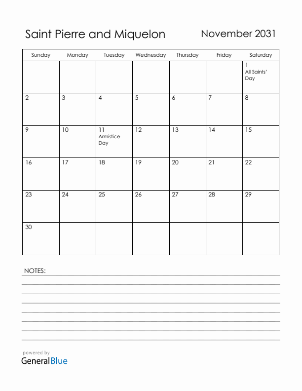 November 2031 Saint Pierre and Miquelon Calendar with Holidays (Sunday Start)