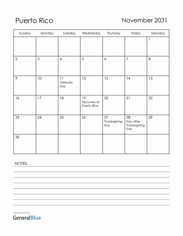 November 2031 Puerto Rico Calendar with Holidays (Sunday Start)