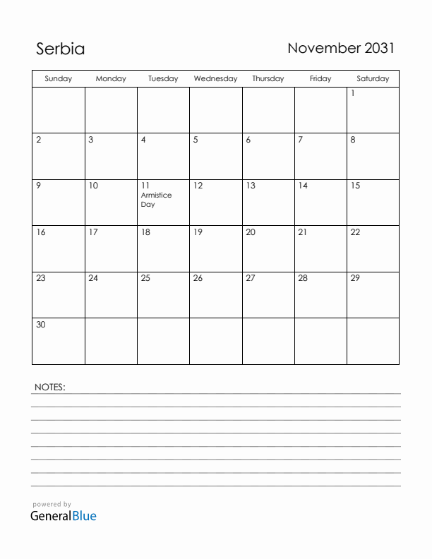 November 2031 Serbia Calendar with Holidays (Sunday Start)