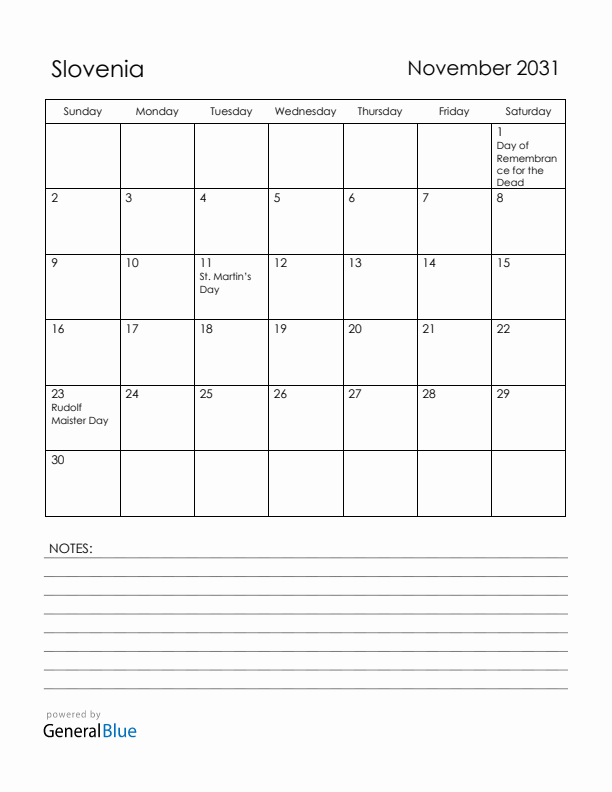 November 2031 Slovenia Calendar with Holidays (Sunday Start)