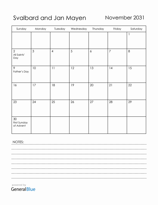 November 2031 Svalbard and Jan Mayen Calendar with Holidays (Sunday Start)