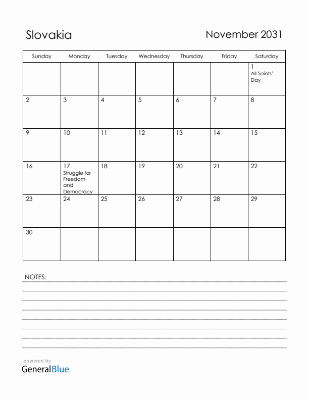 November 2031 Slovakia Calendar with Holidays (Sunday Start)
