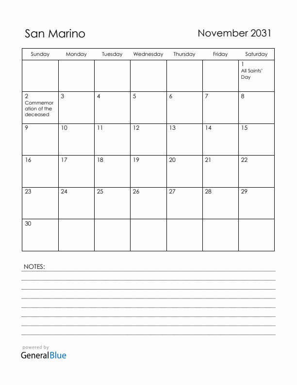 November 2031 San Marino Calendar with Holidays (Sunday Start)