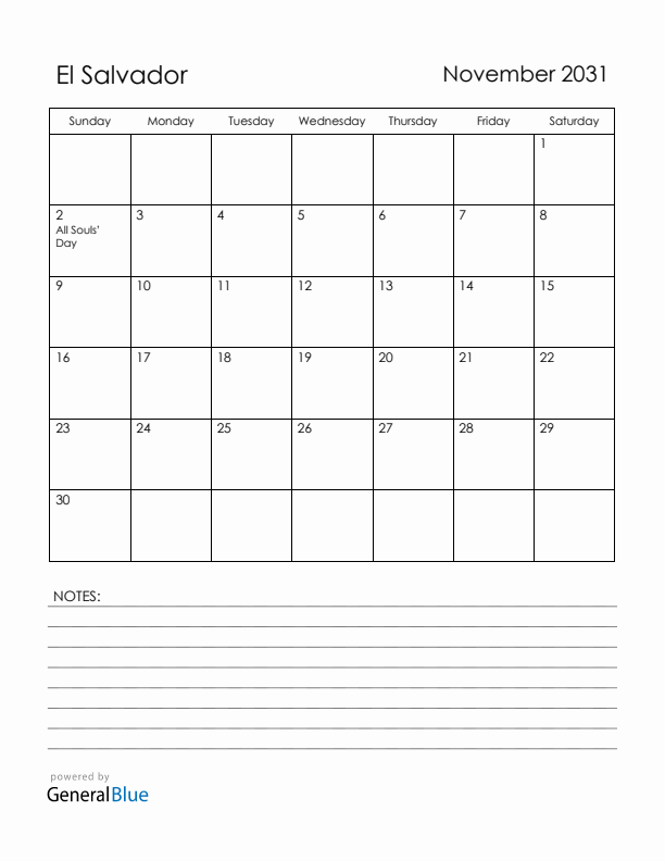 November 2031 El Salvador Calendar with Holidays (Sunday Start)