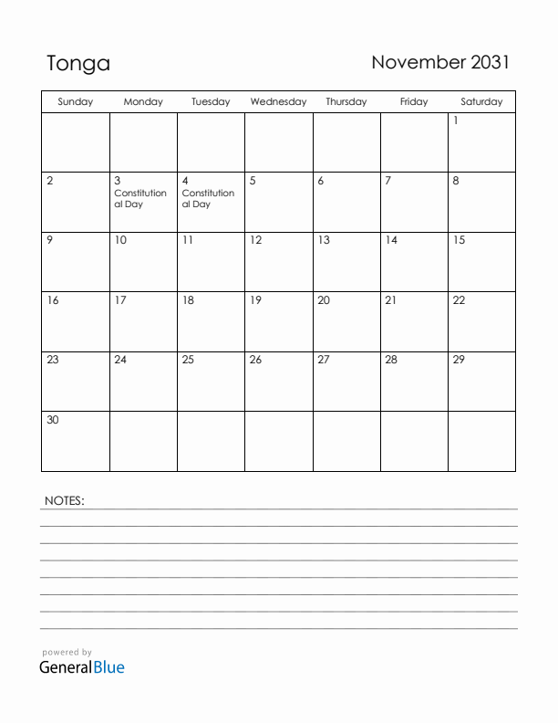 November 2031 Tonga Calendar with Holidays (Sunday Start)