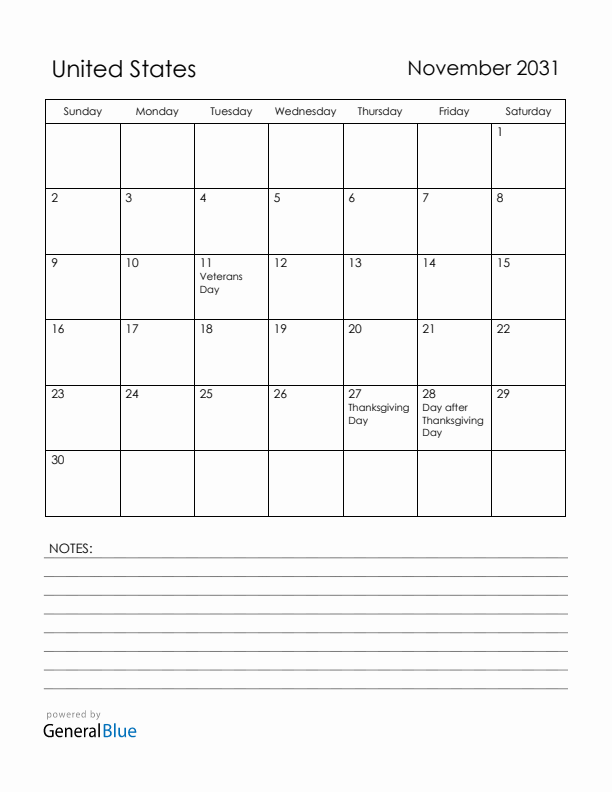November 2031 United States Calendar with Holidays (Sunday Start)