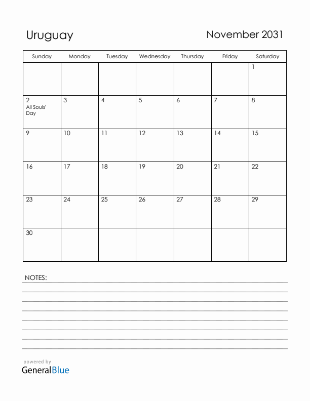 November 2031 Uruguay Calendar with Holidays (Sunday Start)