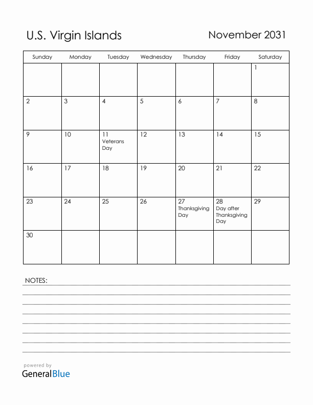 November 2031 U.S. Virgin Islands Calendar with Holidays (Sunday Start)
