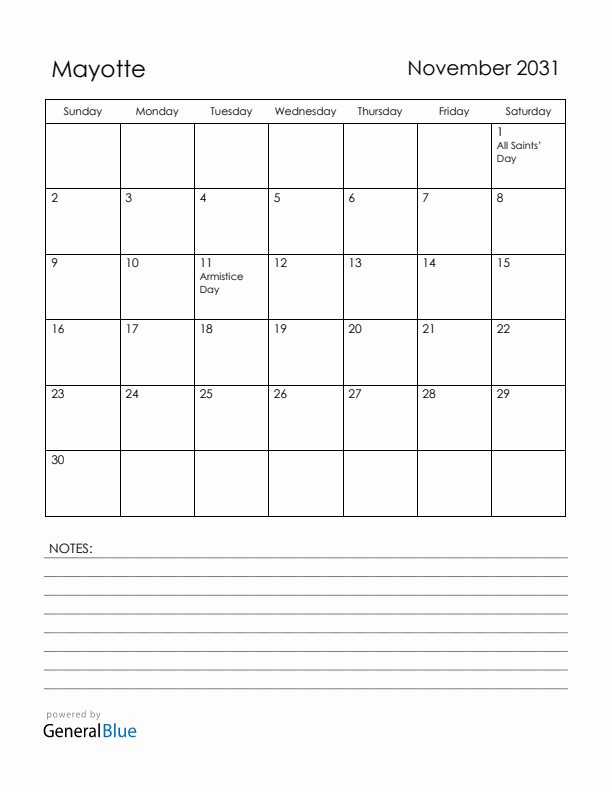 November 2031 Mayotte Calendar with Holidays (Sunday Start)