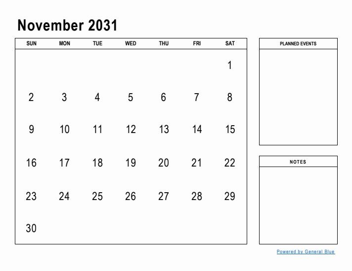 November 2031 Calendar Planner